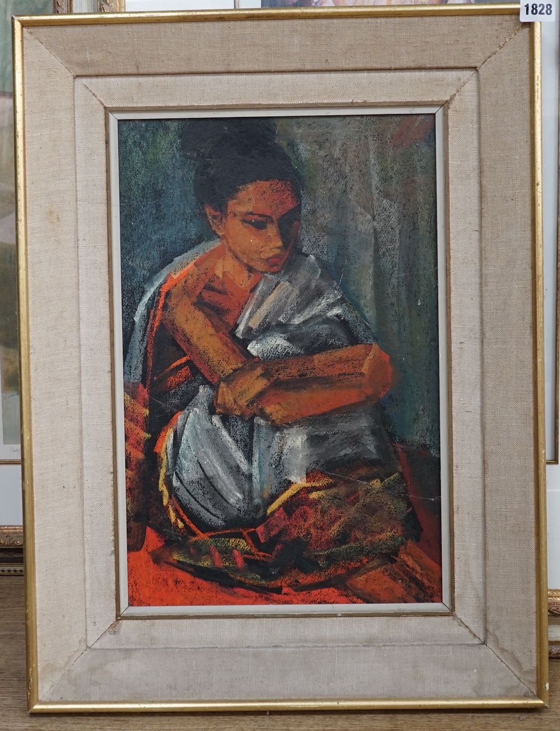 Maurice Man (1921-1997), oil on board, Study of a seated woman, 45 x 29cm. Condition - fair